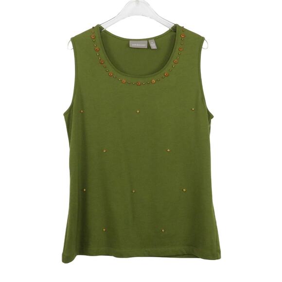 Croft & Barrow 1990s Vintage Olive Green Beaded Tank Top Boho Hippie Medium - Picture 1 of 5